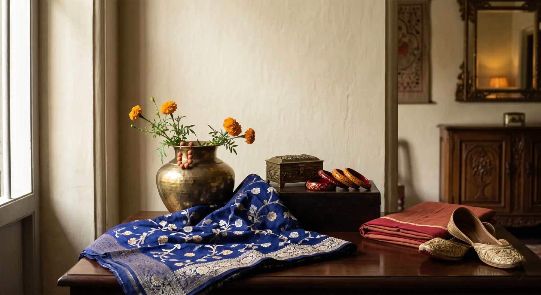 Heirloom Bengali textiles — jamdani and nakshi kantha — folded in a brass-bound trunk