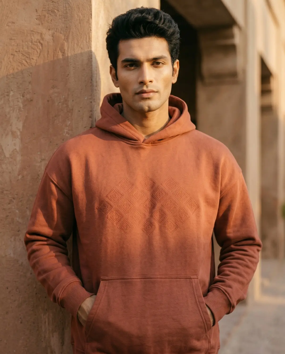 Jamdani hoodie, terracotta — front