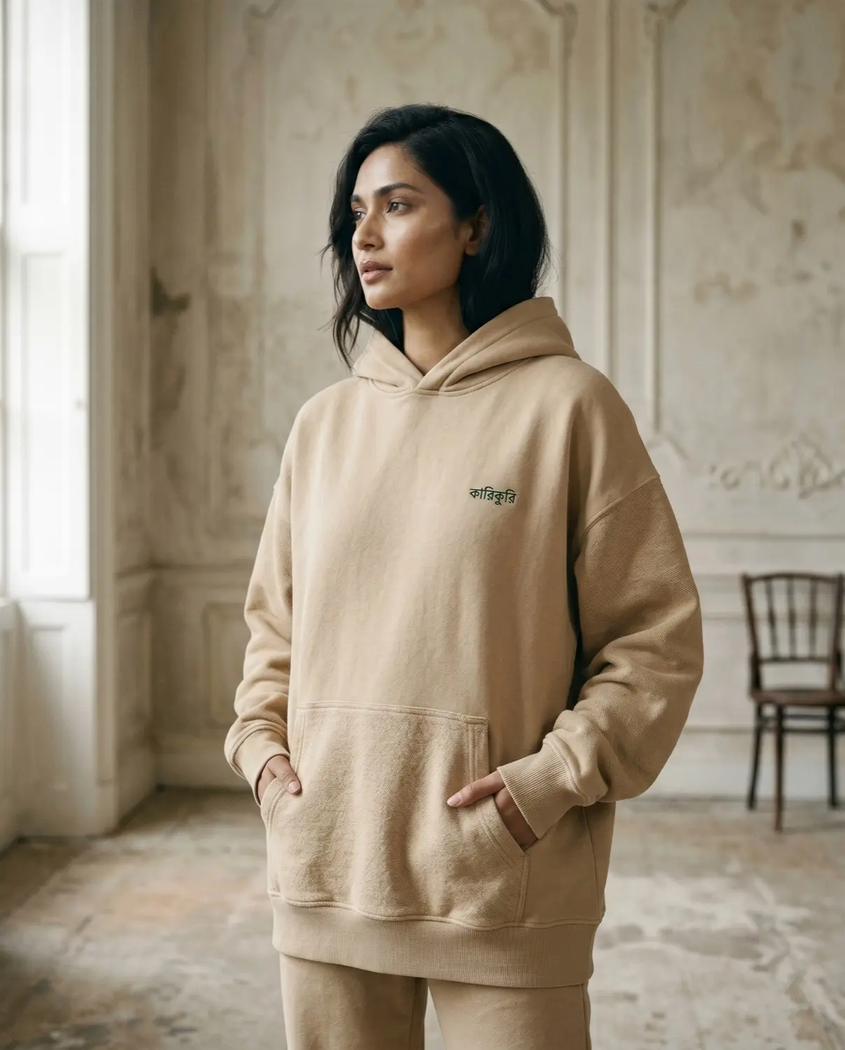 Made in Bangladesh hoodie, warm sand — front