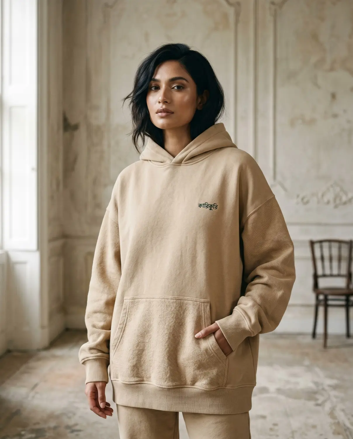 Made in Bangladesh hoodie, warm sand — worn